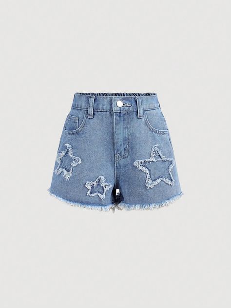 Medium Wash  Collar  Denim Geometric Bermuda Embellished Non-Stretch  Tween Girls Clothing Girls Summer Clothes, Girl Y2k, Girls Denim Shorts, Star Clothing, Frayed Denim, Y2k Clothes, Fame Dr, Girls Summer Outfits, Short Jeans