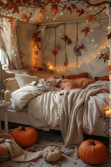 Discover 30 cozy fall bedroom decor ideas, including autumn-themed art and rugs, for a warm and inviting autumn sanctuary. Fall Decor Ideas For Room, Autumn Themed Room, Fall Room Decor Aesthetic, Redecorate Room, Fall Room Ideas, Autumn Bedroom Decor, Autumn Moodboard, Fall Decor Bedroom, Autumn Room