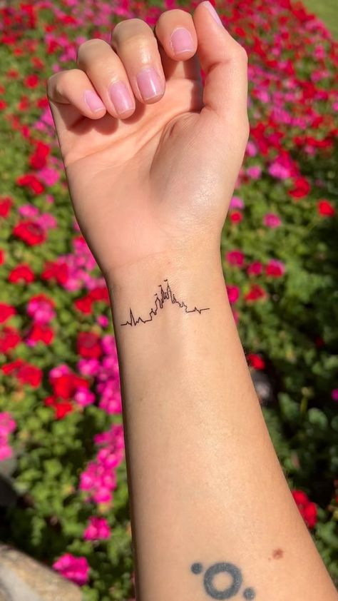 Mini Castle Tattoo, Disney Castle Heartbeat Tattoo, Tangled Tiny Tattoo, Small Tattoo Disney, Matching Disney Tattoos Mother Daughter, Tiny Tattoos Disney, Fineline Disney Tattoo, Small Disney Castle Tattoo, Disney Heartbeat Tattoo