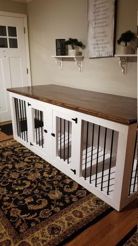 They also like the security and assurance that a "closed-off" area provides. A dog crate offers both of these things for dogs with separation anxiety  making them particularly appropriate for dogs and puppies. Tv Stand Dog Kennel, Double Dog Kennel Furniture, Dog Condo, Furniture Dog Crate, Double Dog Kennel, Wood Dog Kennel, Photos Of Puppies, Kennel Furniture, Dog Boredom