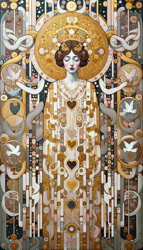 Prompt: Japanese Rinpa style with the essence of Klimt's Art Nouveau designs with Klimt's iconic figure. Surround her with symmetrical patterns, white ethereal doves, and a harmonious blend of Rinpa's distinct floral motifs and cosmic elements. Integrate gold gilt. #dalle3 Art Nouveau Figure Drawing, Black Art Nouveau, Art Nuevo Design, Art Nouveau Landscape Illustration, Art Deco Art Nouveau, Art Nouveau Character Design, Klimt Inspired, Art Nouveau Aesthetic Outfit, Art Nouveau Collage