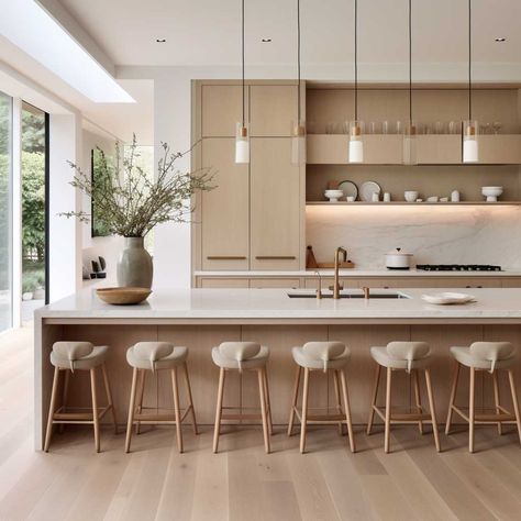 Modern Kitchen Neutral Colors, Modern Light Wood Kitchen, Neutral Luxury Kitchen, Cream Contemporary Kitchen, Neutral Modern Kitchen Ideas, Neutral Aesthetic Kitchen, Kitchen Contemporary, Light Modern Kitchen, Kitchen Design Contemporary