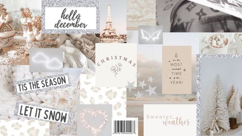 Wallpaper Aesthetic Neutral, White Winter Wallpaper, Winter Wallpaper Laptop, Laptop Christmas Wallpaper, Laptop Collage, Christmas Wallpaper Aesthetic, Winter Collage, Aesthetic Neutral, Hello December