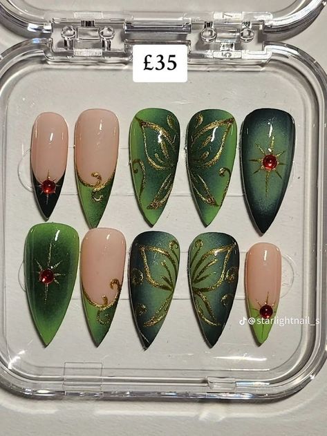 Green And Gold Halloween Nails, Green Acrylic Nails Aesthetic, Inverted Nail Designs, Shrek Inspired Nails, Gel X Nail Designs Green, Bratz Nails Aesthetic, Leaf Green Nails, Light Green And Silver Nails, Halloween Inspired Nails Acrylic