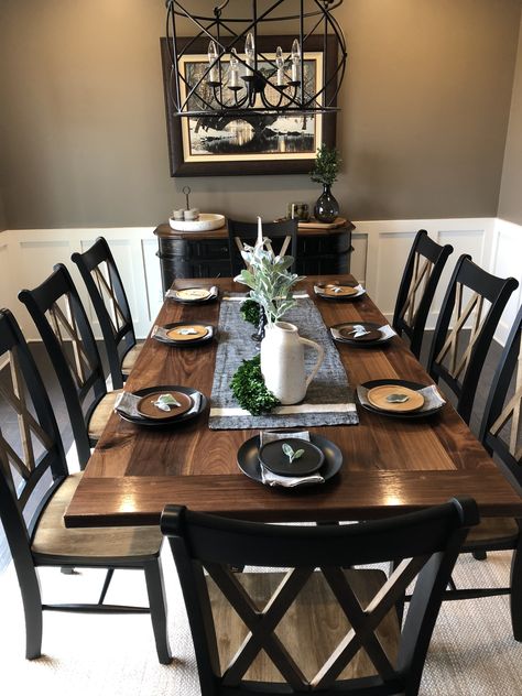 Dining Room Decor Walnut Table, White And Brown Dining Room, Black Base Dining Table, Black Table In Kitchen, Farmhouse Black Dining Table, Dark Wood Dinning Table, Black Walnut Table Dining Rooms, Black Rustic Dining Table, Dining Table Dark Bottom Light Top