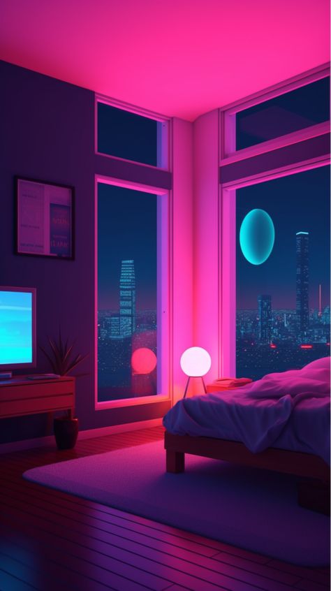 Cozy bedroom - Vaporwave, synthwave Vaporwave Aesthetic Room Decor, Lofi Aesthetic Bedroom Ideas, Vaporwave Bedroom Ideas, Vaporwave Bedroom Aesthetic, Synthwave Aesthetic Room, Vaporwave Furniture, Vaporwave Interior Design, Vapor Wave Room, Vaporwave Apartment