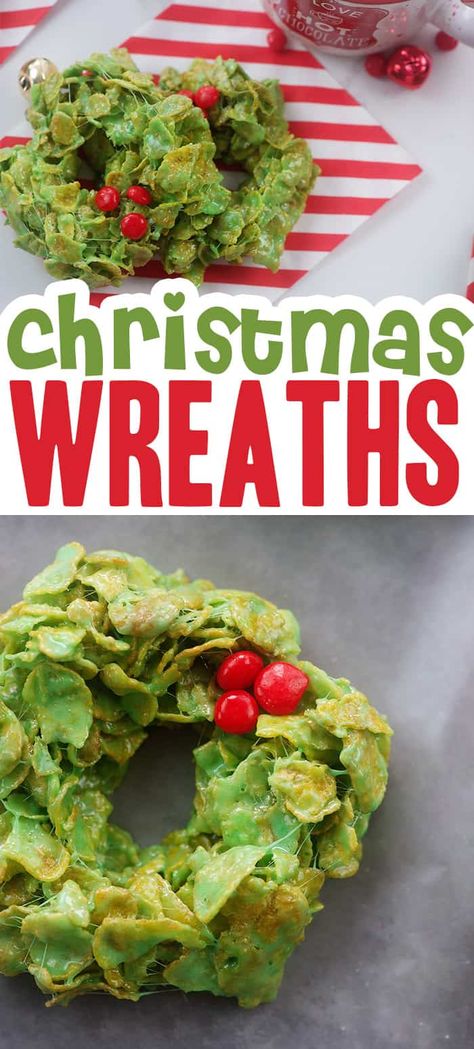 Sweet, chewy, and so easy! These no bake cornflake wreaths are a must make every Christmas! #holidays #cookies #recipe Cornflake Wreaths, Christmas Wreath Cookies, Christmas Crunch, Cornflake Cookies, Christmas Baking Cookies, Wreath Cookies, Easy Christmas Treats, Marshmallow Treats, Best Christmas Cookies