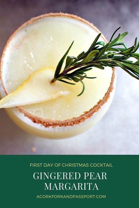 Ginger Pear Margarita | A refreshingly light tequila cocktail made with gingercello, tequila, and pears. #tequila #margaritas #christmascocktail #holidaycocktails #cocktail #12daysofchristmas Pear Margarita, Ginger Pear, Mezcal Cocktails, Citrus Cocktails, Tequila Cocktail, Tequila Drinks, Nutter Butter, Christmas Cocktail, Festive Cocktails