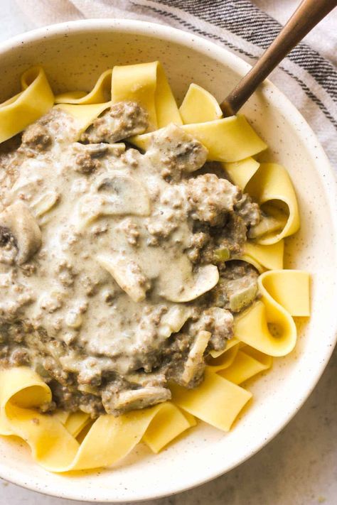 Bison Stroganoff Recipe - Creamy, rich and flavorful bison stroganoff is a delicious take on a classic noodles recipe. This easy version includes ground bison, mushrooms, heavy cream and sour cream for an ultra savory main dish that is sure to satisfy! Serve over hearty egg noodles for a complete meal that's ready to enjoy in less than 30 minutes. | The Top Meal Bison Ground Beef Recipes, Bison Stroganoff, Bison Burger Recipe, Ground Bison Recipes, Bison Recipes, Ground Bison, Beef Recipe Instant Pot, Noodle Casserole Recipes, Rustic Recipes