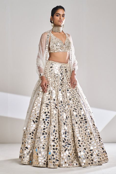 Shop for Seema Gujral Cream Raw Silk Mirror Work Lehenga Set for Women Online at Aza Fashions V Neck Mirror Work Blouse, Mirror Work Jumpsuit, White Mirror Work Lehenga, Mirror Lengha, Mirror Work Lengha, Grey Lengha, Mirror Work Lehenga Choli, White Bridal Lehenga, Mirror Work Dress