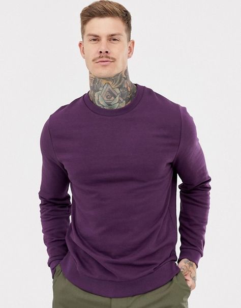 ASOS DESIGN sweatshirt in dark purple Dark Purple Men Outfit, Dark Purple Outfit Men, Purple Sweater Outfit, Dark Purple Sweater, Sweater Outfits Men, Color Outfits, Design Sweatshirt, Purple Sweatshirt, Classy Men