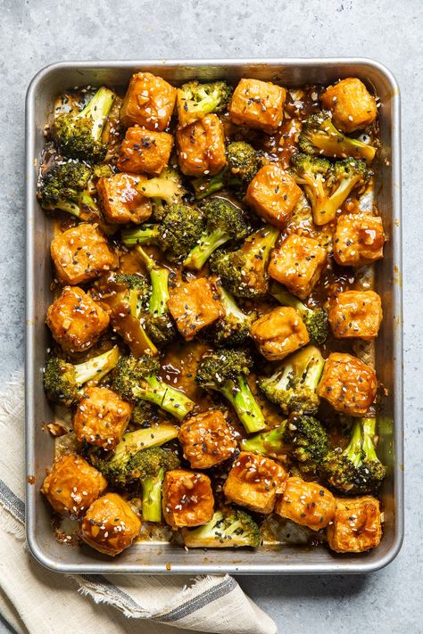 Sheet Pan Vegan Chicken (Tofu) and Broccoli Vegan Chicken And Broccoli, Vegan Tofu Broccoli Recipes, Tofu Beef And Broccoli, Tofu Tray Bake, Chicken And Tofu Recipes, Broccoli And Tofu Recipes, Sheet Pan Tofu And Veggies, Tofu Sheet Pan Dinner, Vegan Sheet Pan Meals