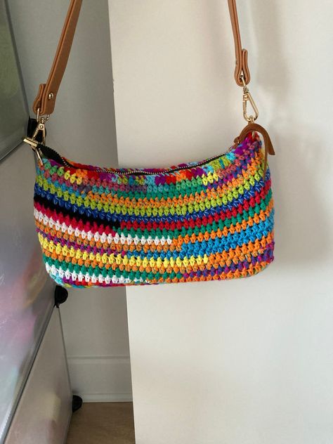 Miu Miu inspired hand crocheted purse/pouch bag  "my interpretation" multicolored purse/pouch     no lettering Miu Miu Crochet Bag, Crochet Bags Ideas, Outfit With Purse, Crochet Hand Bag, Left Handed Crochet, Scrap Crochet, Crocheted Purse, Unique Handbags, Crochet Blanket Designs