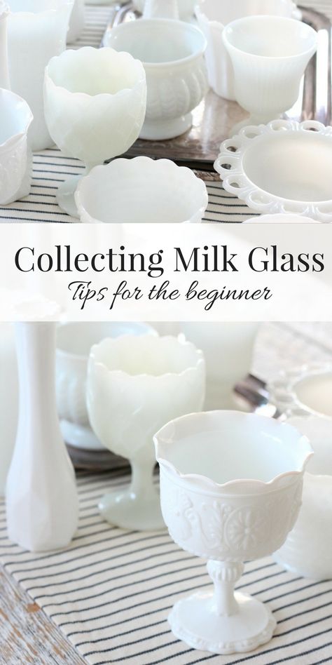 Thinking about collecting milk glass or just getting started? Learn a few basics you can put to the test on your next visit to the thrift shop! Milk Glass Display, Milk Glass Decor, Milk Glass Collection, Vegan Dark Chocolate, Smart Tiles, Thrift Store Crafts, Organizing Hacks, Antique Dishes, Antique Glassware