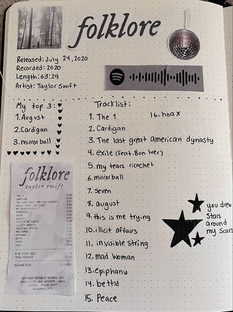 Folklore Scrapbook, Folklore Journal Page, Song Book Ideas, Spotify Journal Ideas, Journal Ideas Songs, Album Review Journal, Folklore Emojis, Song Book Journal, Song Journal Ideas