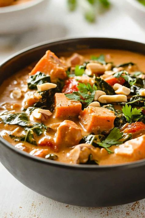 West African Peanut Butter Soup - Insanely Good West African Sweet Potato Peanut Soup, Peanut Butter Soup Recipes, African Soup, Butter Soup, Peanut Butter Soup, African Peanut Soup, African Peanut Stew, Indian Soup, Peanut Stew