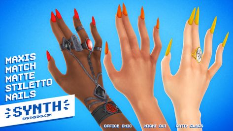 - ̗̀ MAXIS MATCH MATTE STILETTO NAILS ̖́ - custom content download! | SYNTHsims on Patreon Maxis Match Nails, Cc Nails, Matte Stiletto Nails, Match Nails, Sims 4 Nails, Los Sims 4 Mods, Glossy Nails, Cc Mods, Sims 4 Mm Cc