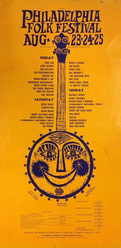 A rare cardboard concert poster advertising the 1968 Philadelphia Folk Festival, which featured Joni Mitchell (on August 23, five months to the day after the re Newport Folk Festival Poster, Folk Band Poster, Folk Music Art, Folk Festival Aesthetic, Folk Music Festival Poster, Joni Mitchell Poster, Concert Festival Poster, Indie Music Festival Poster, Vintage Music Festival Poster