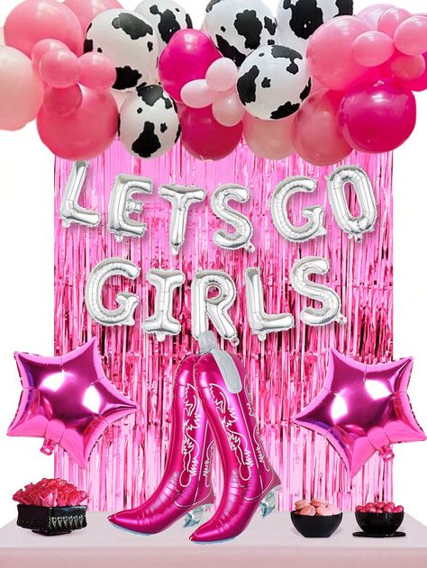 69pcs Hot Pink Balloon Garland Kit Including Pink Rain Silk Curtain, Magenta Five-Pointed Star, Boots-Shaped Aluminum Balloons, Cow Pattern Balloons, For Bachelorette Party, Bridal Shower And Other DecorationI discovered amazing products on SHEIN.com, come check them out! Rodeo Balloons, Pink And Silver Balloons, Hot Pink Balloon Garland, Cow Print Balloons, Hen Party Balloons, Trendy Balloons, Last Rodeo, Celebration Balloons, Girly Party