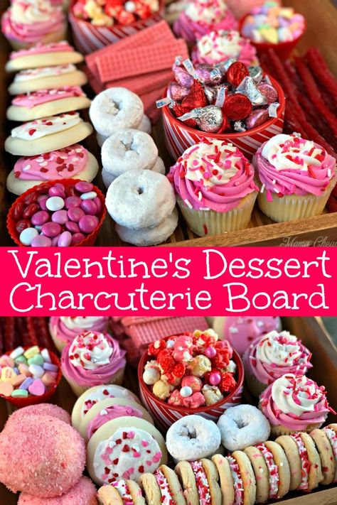 DIY Valentine’s Day Dessert Charcuterie Board!! This fun way to present holiday themed desserts is easier to make than you'd think, very budget-friendly and can feed a few or feed a crowd!! Plus, IT LOOKS AMAZING!! This post will walk you through step by step as we created our board. We focused on pink, white and red for colors and added treats with frosting, sprinkles, etc. #dessert #valentinesday #mamacheaps #diy #charcuterie Easy Valentine Treats To Make, Valentine Party Dessert Table, Valentine Dessert Charcuterie Board, Valentine’s Day Dessert Board, Valentines Charcuterie Board Sweets, Valentines Breakfast Charcuterie Board, Valentine Party Food Ideas, Valentine Food Ideas Entertaining, Valentine’s Day Charcuterie Board