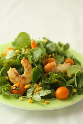 Pea Tendril Salad with Grilled Shrimp and Corn! Sauteed Corn, Orange Tomatoes, Salad With Grilled Shrimp, Pea Tendrils, Shrimp And Corn, Fresh Cherry, Lemon Vinaigrette, Garden Veggies, Half Baked