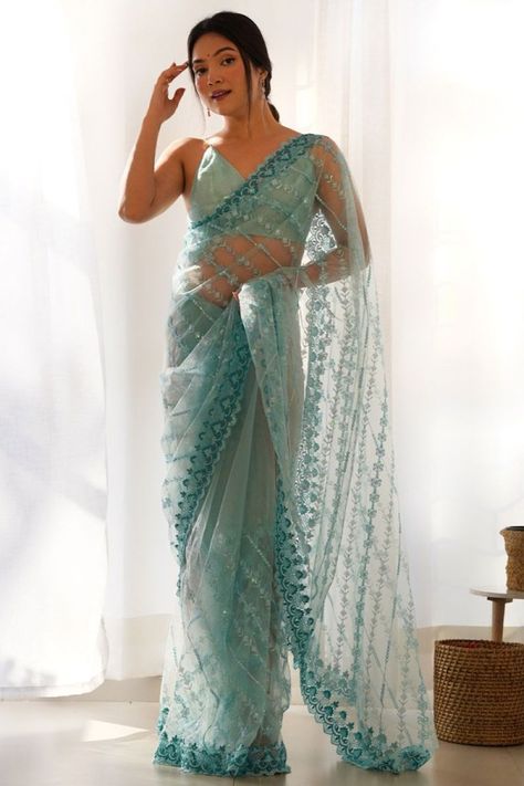 Breeze Blue Embroidered Net Saree for Festival Sangeet Saree, Blue Net Saree, Saree Designs Latest, Latest Saree Designs, Contemporary Saree, Lehenga Style Saree, Fashionable Saree, Noodle Strap, Designer Sarees Wedding