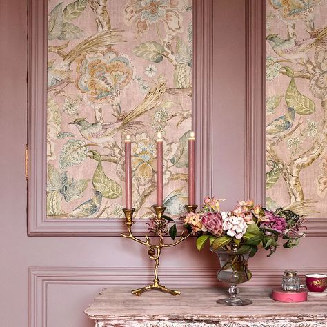 Beautiful birds perch on gently twisting tree branches in this maximalist floral print. This design has a matte brushed effect and would create an enveloping botanical statement in any space. Shown here in the Pink colourway. Beauty Room Wallpaper, Pink Wallpaper Decor, Pink Wallpaper Room, Pink Bedroom Wallpaper, Room Wallpaper Pink, Twisting Tree, Wallpaper Bedroom Ideas, Wallpaper Apartment, Maximalist Floral