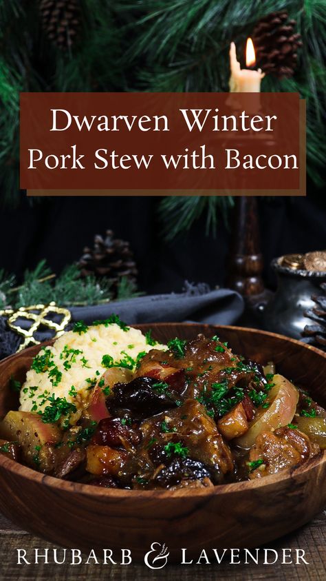 This rich and hearty slow roasted pork stew with smoky bacon, fresh apples and dried prunes is inspired by the Dwarves of J.R.R. Tolkien's The Lord of the Rings. The perfect dish to serve for a special fall or winter dinner or a Lord of the Rings party! Hobbit Dinner Recipes, Lord Of The Rings Meals, Tavern Food Ideas, Yule Dinner Ideas, Winter Solstice Dinner Recipes, Yule Meals Winter Solstice, Lord Of The Rings Movie Night, Winter Solstice Meals, Game Of Thrones Recipes