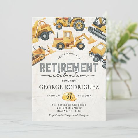 Construction Baby Shower, Retirement Party Invitation, Retirement Ideas, Retirement Invitations, Retirement Party Invitations, Retirement Celebration, Cement Mixer, Construction Theme, Construction Party