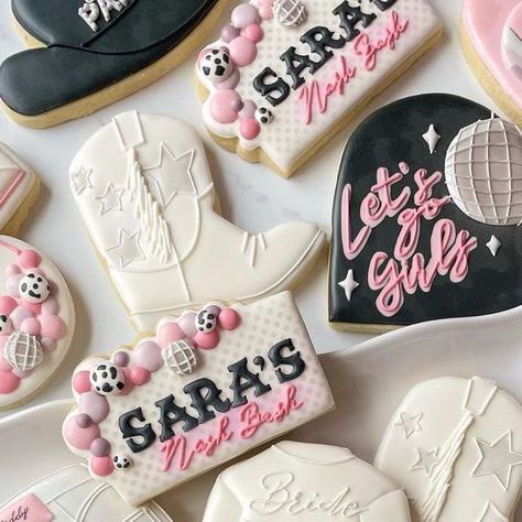 Shania Twain Cookies, Cowgirl Royal Icing Cookies, Nashville Bachelorette Cookies Decorated, Nashville Cookies Decorated, Disco Cowgirl Cookies Decorated, Nashville Bachelorette Cookies, Last Rodeo Cookies, Disco Cowgirl Cookies, Nashville Cookies