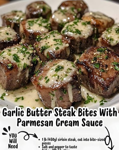 Alex Guarnaschilli 🍜 | "Garlic Butter Steak Bites with Parmesan Cream Sauce 🥩🧄 | Facebook Luscious Recipes, Munchies Recipes, Garlic Butter Steak Bites, Butter Steak Bites, Hotdish Recipes, Butter Steak, Parmesan Cream Sauce, Sirloin Steak, Garlic Butter Steak