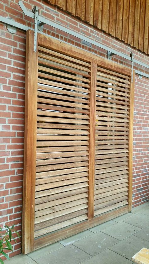 Single track option, not sure we have the headroom to do this | Shutters exterior, Sliding shutters, House exterior Outdoor Shutters, Sliding Shutters, Shutters Exterior, Back Patio, Garage Door, Outdoor Projects, Modern House Exterior, Container House, Exterior Colors