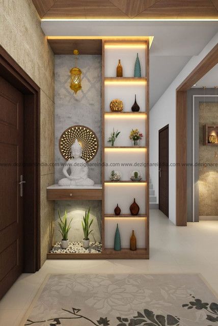 Foyer Designed elegantly, finished in Veneer and Duco. - Modern - Entry - Bengaluru - by Dezignare India | Houzz AU Wall Partition Design, Pins Ideas, Large Workshop, Kids Room Interior Design, Temple Design For Home, Indian Interiors, Hall Interior Design, Pooja Room Door Design, Pooja Room Design