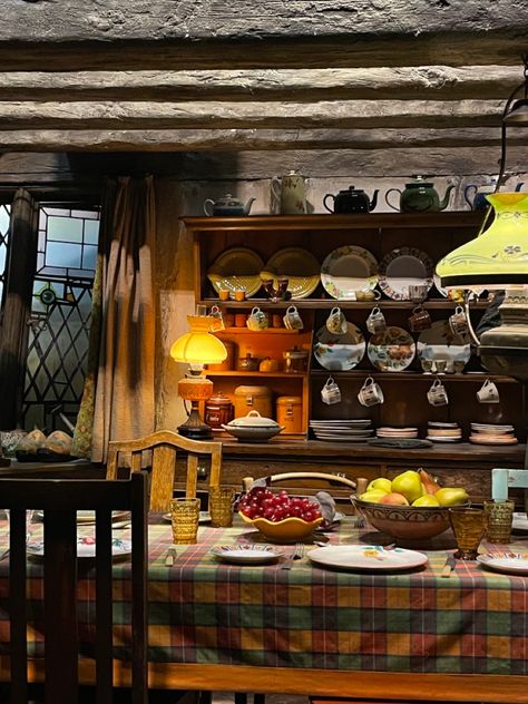 Hogwarts Aesthetic Apartment, Burrowcore Aesthetic, The Burrow Interior, Weasley House Aesthetic, Weasley House The Burrow, The Borrowers Aesthetic, Weasley Kitchen, The Burrow Kitchen, Weasley Family Aesthetic