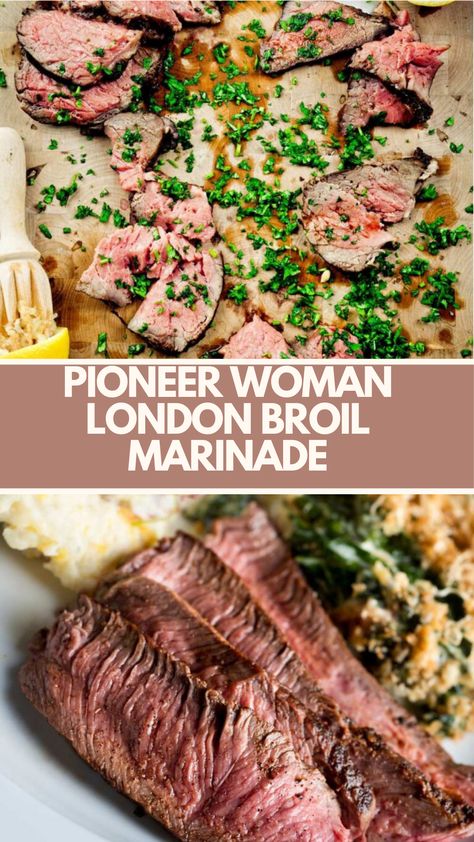 This London Broil Marinade recipe is a flavorful blend of soy sauce, balsamic vinegar, Worcestershire sauce, olive oil, lemon juice, garlic, ginger, and brown sugar. It takes around 30 minutes to prepare and serves 4 people. London Broil Steak, London Broil Marinade, Grilled London Broil, Broiled Steak, London Broil Recipes, Beef Entrees, London Broil, Steak Marinade, Marinade Recipes