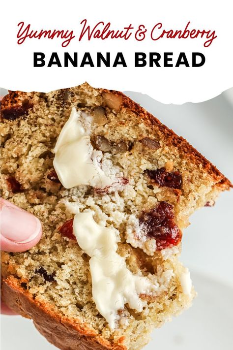 Looking for a delicious and healthy banana bread recipe that's perfect for breakfast or snack time? Try this Walnut & Cranberry Banana Bread recipe! Made with ripe bananas, flour, and a crunchy filling of walnuts and cranberries, this bread is moist, flavorful, and packed with deliciousness. #bananabread #healthyrecipes #bakingrecipes #walnuts #cranberries Banana Cranberry Muffins, Banana Cranberry Bread, Cranberry Banana Bread, Dried Cranberries Recipes, Cranberry Recipes Muffins, Healthy Banana Bread Recipe, Walnut Bread Recipe, Cranberry Walnut Bread, Cranberry Bread Recipes