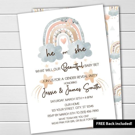 Boho Rainbow Gender Reveal Party, Boho Rainbow Gender Reveal, Diy Baby Shower Invitations, Rainbow Gender Reveal, Neutral Gender Reveal, Rainbow Baby Shower Invitations, Gender Reveal Themes, Gender Reveal Party Invitations, Boho Baby Shower Invitations