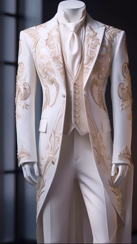 White Tailcoat Men, White Fantasy Suit, Prince Prom Outfit, White Suit With Gold Accents, Cream Prom Suit, Fancy Clothing Men, Creme Tuxedo, Gold Groom Suit, All White Groom