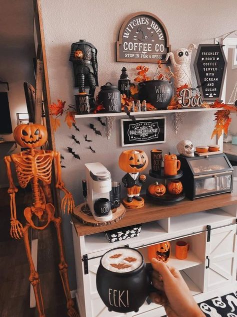 Hocus Pocus Addict | my coffee bar is ready ￼🎃💀🦇🪦⚰️ | Facebook Halloween Spooky Aesthetic, Halloween Cafe, Cofee Bar, Halloween Coffee Bar, Halloween Decoration Party, Halloween Core, Girls Halloween Party, Nightmare Before Christmas Party, Snack Cart