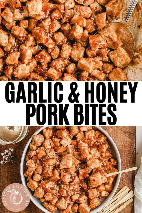 pinterest pin for Chopped Pork Bites with Garlic Honey Pork Chop Recipes Non Dairy, Honey Garlic Pork Bites Slow Cooker, Pork Bites Recipes Crock Pot, Pork Bites Recipes, Garlic Pork Bites, Gluten Free Pork Chops, Healthy Pork Chops, Honey Garlic Pork, Pork Dinners