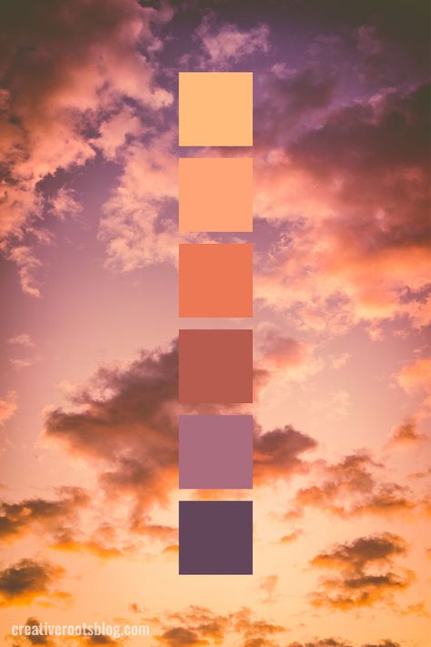 Color palette inspired by a a deep orange and purple sunset and clouds. Fluffy clouds and calming, bright sky. Interior design, graphic design, and more can find inspiration and color ideas from this sunset color palette. Yellow, Gold, Orange, Peach, Rust, Purple, Lavender color palette idea. Lavender Color Palette, Sunset Color Palette, Minimalist Dekor, Orange Palette, Sunset Color, Palette Design, Purple Sunset, Color Schemes Colour Palettes, Deep Orange