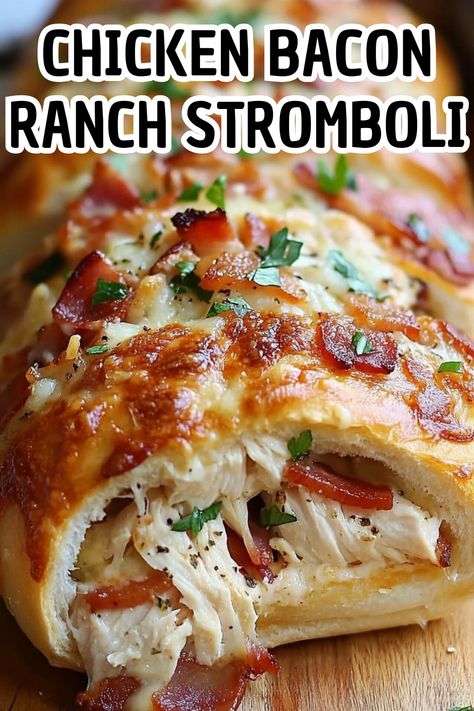 Chicken Bacon Ranch Stromboli - Delicious Recipes - Easy Cooking Ideas and Tasty Dishes Chicken Ranch Stromboli, Chicken Bacon Ranch Recipes Easy Dinners, Chicken Bacon Ranch Stromboli, Stromboli Chicken, Chicken Bacon Ranch Recipes, Chicken Bacon Ranch Stromboli Recipe, Chicken Wrapped In Bacon, Chicken Bacon Ranch Bake, Easy Cooking Ideas