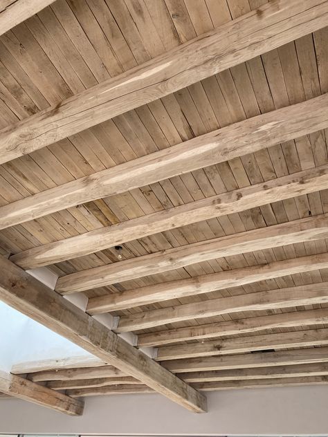 Gabled Ceiling, Wood Beams On Flat Ceiling, Pine Wood Ceiling Design, Vaulted Ceiling Wood Paneling, Rustic Wooden Ceiling, Rustic Beams Ceiling, Open Beam Ceiling, Ceiling Wood, Rustic Wood Ceiling