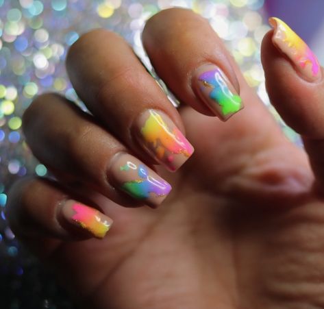 Gel X nails with a rainbow splatter design. Paint Splash Nails, Paint Splatter Nails, Splatter Nails, Gel X Nails, X Nails, Paint Splats, Ink Splatter, Styles Ideas, Nail Idea