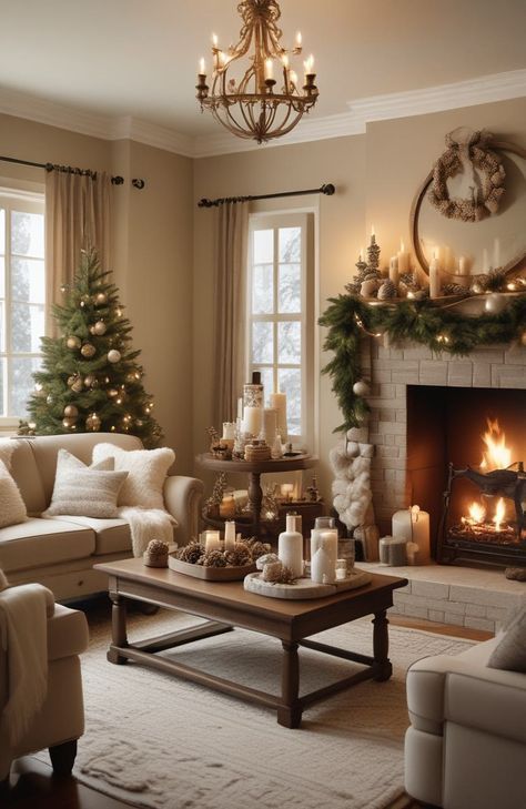 Cozy Christmas Aesthetic Living Room, Christmas Living Room Decor Cozy, Festive Fireplace, Cozy Decor Ideas, Living Room Cozy, Christmas Living Room Decor, Cozy Christmas Living Room, Cozy Christmas Decor, Christmas Living Room