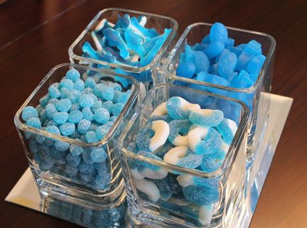 Blue Treat Table Ideas, Blue Birthday Centerpieces, Blue Colored Foods For Party, Baby Shower Sweets Table Boy, Blue Treat Table, Blue Snack Table, Blue Baby Shower Desserts, Candy Bar Stitch, Blue Party Treats