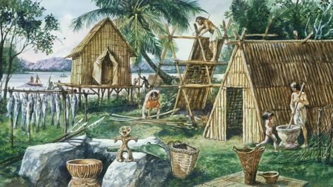 Buildings built out of simple materials using very basic construction techniques.  This is the era in which the game is set. Stone Age Houses, Neolithic Revolution, Jomon Period, Agricultural Revolution, Prehistoric Man, Japan Illustration, Early Humans, Architecture History, Asian History