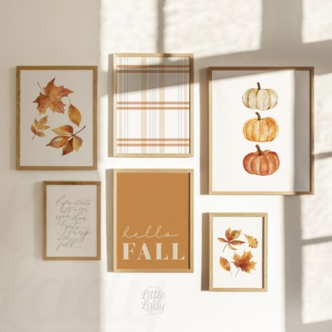 "Orange Fall Gallery Wall Art Printable Bundle. Perfectly paired fall art to display as a gallery wall or separate them throughout your fall decor to add a cozy atmosphere. This artwork was originally painted and designed by Aubrey, the owner of Little Lady Print Shop. Please note this is a high resolution 300 dpi instant digital download for printable artwork. These printables can also be bought separately! See the entire fall collection here: https://www.etsy.com/ca/shop/LittleLadyPrintShop?ref=shop-header-name&listing_id=1446389449&section_id=30981839 Your download includes a pdf link to download 6 pieces of art in the following sizes: RATIO 2:3  4x6\" | 8x12\" | 12x18\" | 16x24\" | 20x30\" | 24x36\" RATIO 3:4 6x8\" | 9x12\" | 12x16\" | 15x20\" | 18x24\" RATIO 4:5 4x5\" | 8x10\" | 11x14 Diy Fall Frame Decor, Wall Art Autumn, Fall Wall Art Printable, Subtle Fall Decor Living Room, Seasonal Wall Art, Fall Decor Wall Art, Autumn Gallery Wall, Fall Wall Collage Pictures, Fall Art Decor