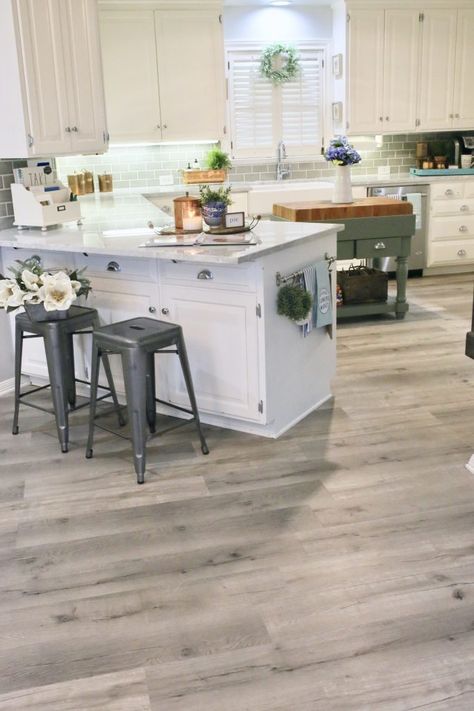 Updating a Kitchen with Vinyl Engineered Plank Flooring | CuterTudor Kitchen Flooring Ideas Vinyl, Vinyl Plank Flooring Kitchen, Flooring Ideas Vinyl, Updating A Kitchen, Floors In Kitchen, Painting Kitchen Cabinets White, Vinyl Flooring Kitchen, Flooring Kitchen, Kitchen Vinyl