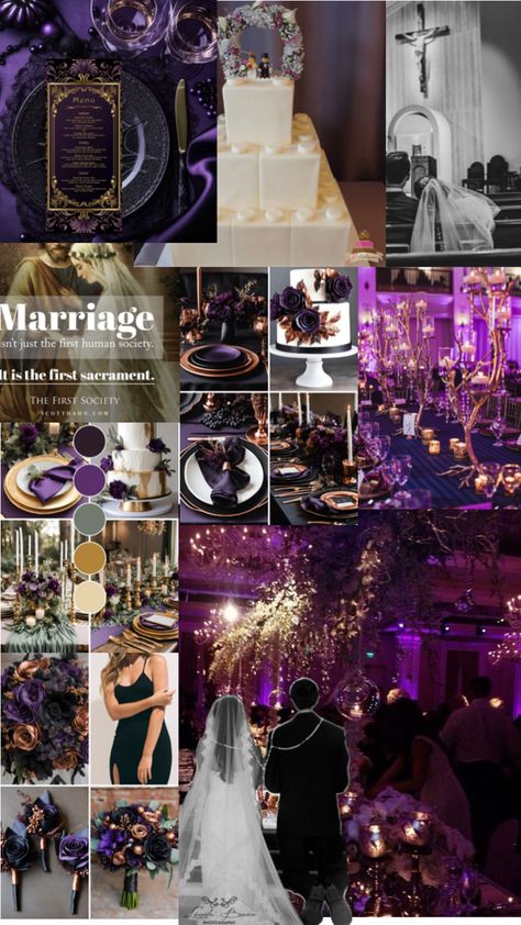 Purple and gold decor Black Purple And Gold Wedding, Purple And Gold Wedding Theme, Gold And Purple Wedding, Purple And Silver Wedding, Silver Wedding Decorations, Gold Wedding Reception, Black Wedding Decorations, Purple And Gold Wedding, Purple Wedding Theme